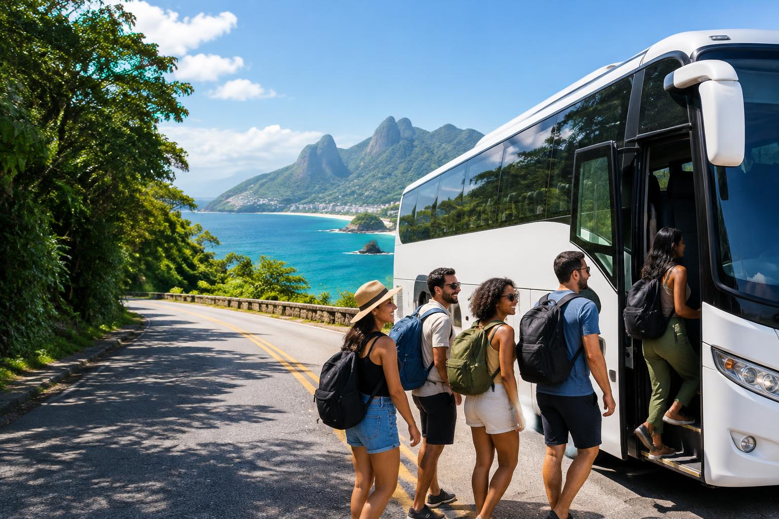 Grupo embarcando em um ônibus de excursão em uma estrada junto ao mar